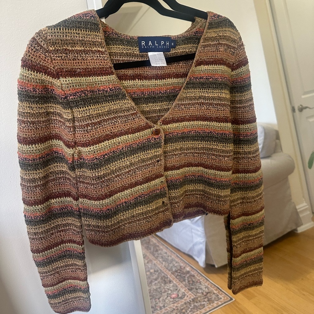 Rare Vintage Ralph by Ralph Lauren Silk & Wool Cropped Earthy Striped Cardigan